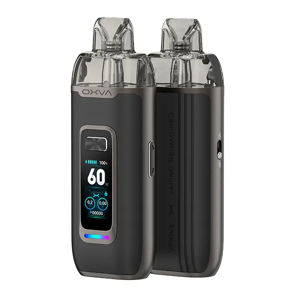 Oxva VPrime Pod Kit in Dunkelgrau, Vorder- und Rückansicht mit Farbdisplay