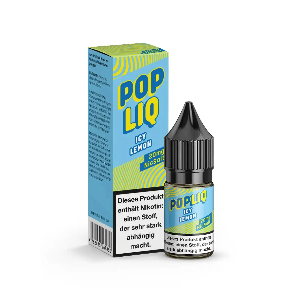 neu-popliq-icy-lemon-nikotinsalz-10ml-20mg-ml-steuerware.png PopLiq Icy Lemon 10ml Nikotinsalz-Liquid – Flasche und Verpackung in Grün-Gelb