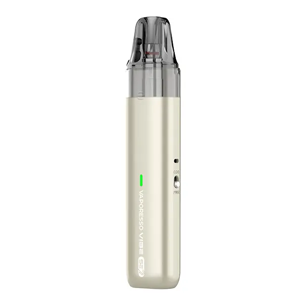 Vaporesso Vibe SE 2 Pod Kit in Gleaming Gold – schlankes Pod-System mit aufgestecktem Pod und grünem LED-Streifen, Frontansicht