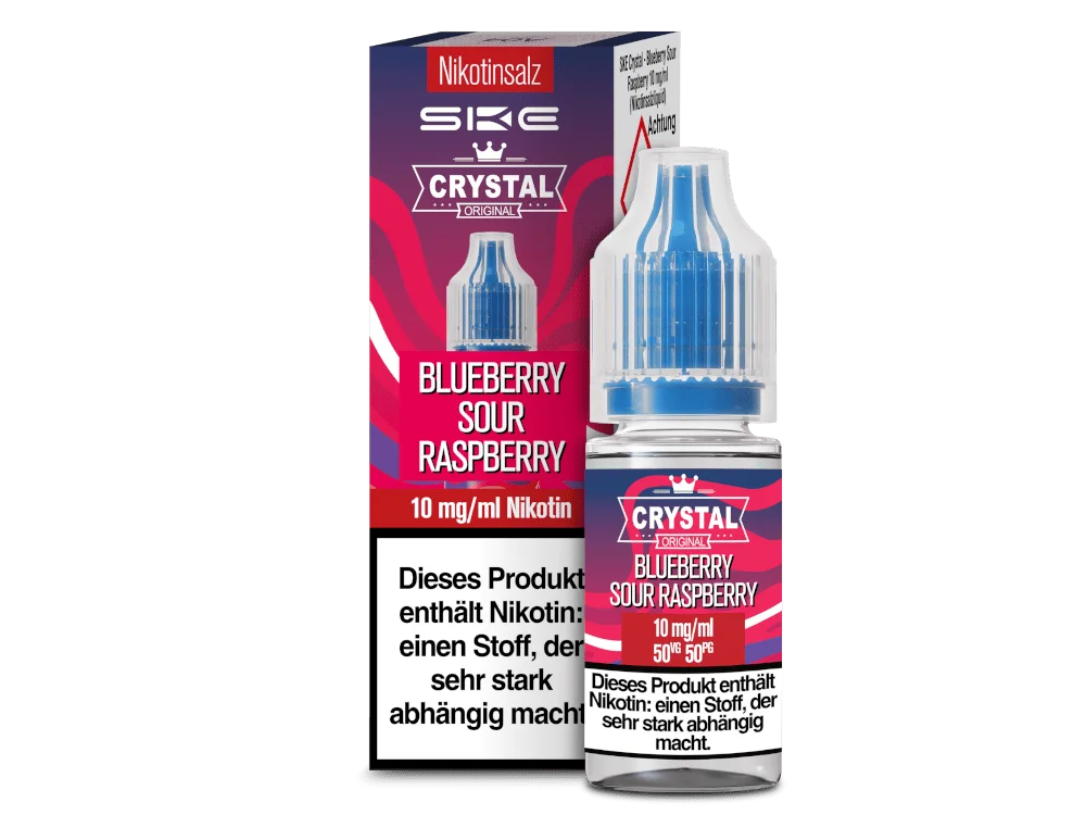 SKE Crystal Blueberry Sour Raspberry 10ml Nikotinsalz-Liquid – pink-blaue Packung mit Flasche, 10 mg/ml