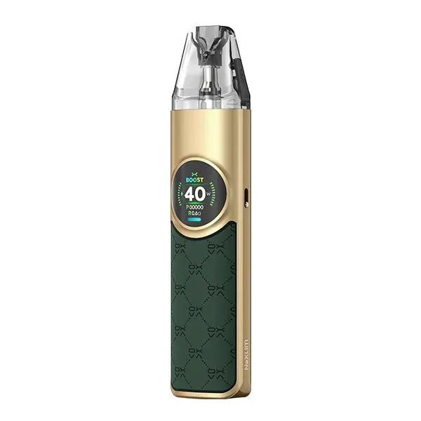 Oxva NeXlim Pod Kit in Gold-Dunkelgrün mit gemustertem Griff und rundem Display, Frontansicht