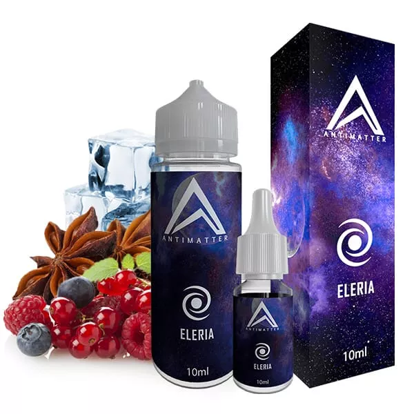 Antimatter Eleria Longfill 50ml Flasche mit Waldfrucht- und Sternanis-Motiv auf dunklem Hintergrund