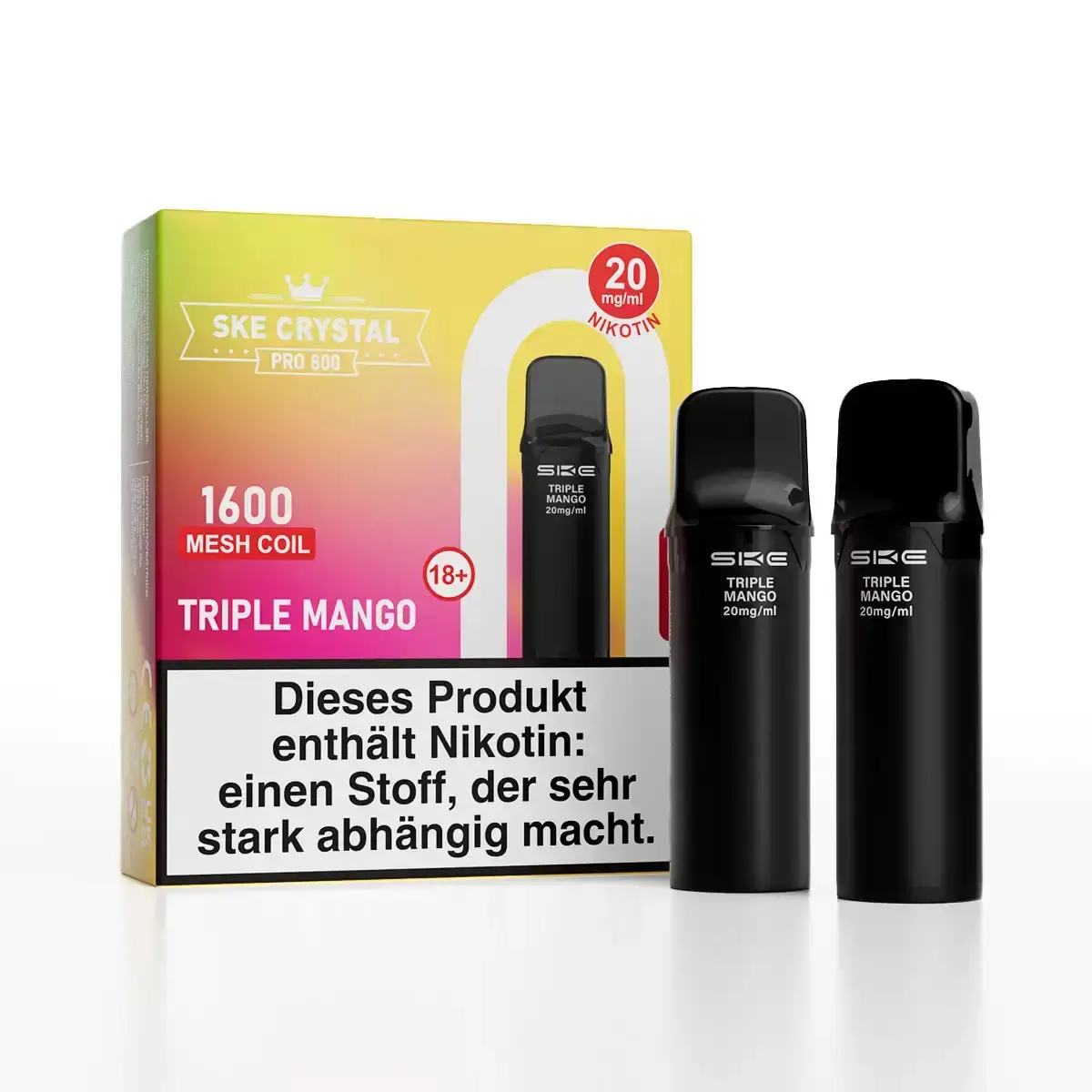 SKE Crystal 800 Pro Prefilled Pod Triple Mango – 2er-Packung schwarze Pods mit gelbem Farbverlauf-Karton