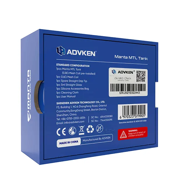 Rückseite der blauen Verpackungsbox des Advken Manta MTL Tank Verdampfers mit Produktinfos